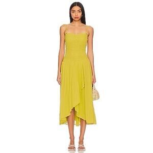 Free People Sparkling Moment Midi Dress Olive Stone Ruched Smocked Drop Waist M